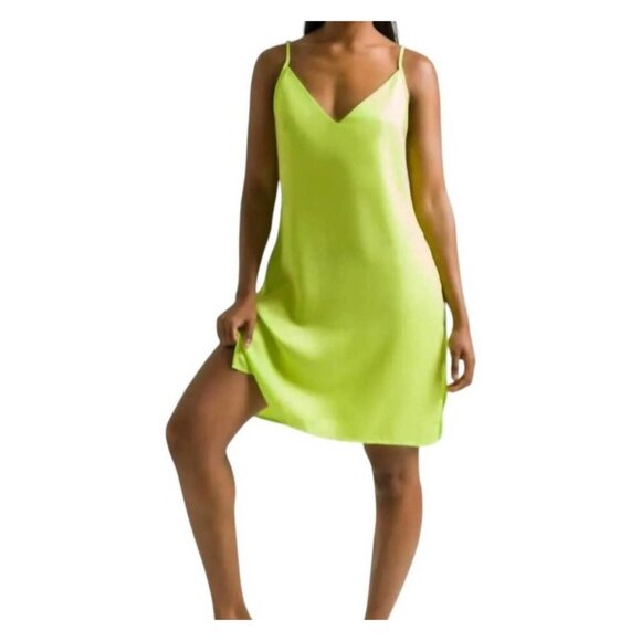 NWOT Ettitude Slip Dress‎ Lime Green Silky Sateen Bamboo Side Slits Size XS - Picture 1 of 3